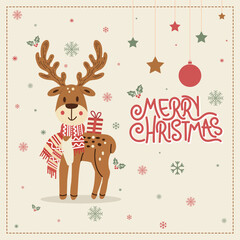 Happy Merry Christmas typography decorated with leaves and snowflakes on a snowy background, ideal for Christmas events, invitations, greeting cards, festive posters, and banners.