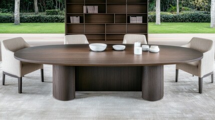 Elegant modern dining set featuring an oval table in dark wood with light gray velvet chairs in a spacious, well-lit interior