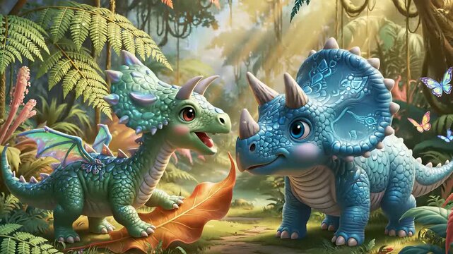 Two friendly dinosaurs, standing in a lush grassy clearing amidst vibrant plants and towering trees, take center stage in this delightful scene featuring colorful butterflies fluttering freely.