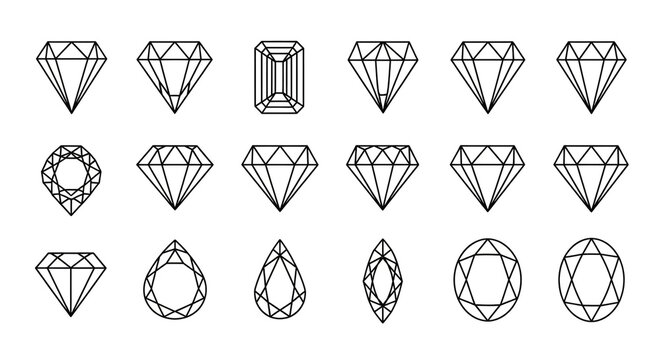 Stunning collection of black and white line art icons showcasing various brilliant diamond and gemstone cuts for jewelry design