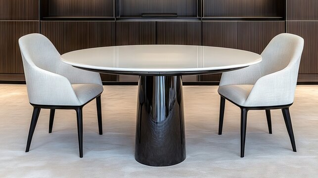 Elegant modern dining set featuring an oval table in dark wood with light gray velvet chairs in a spacious, well-lit interior - Powered by Adobe