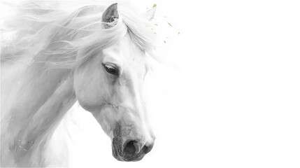 Naklejka premium 風になびくたてがみと舞い散る金箔が美しい白馬のポートレート generative ai