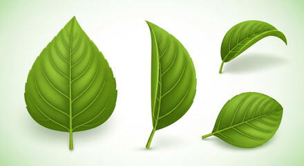 Stunning collection of vibrant green botanical leaves showing detailed vein structure in various dynamic perspectives