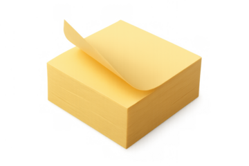 Yellow adhesive sticky notes pad with a curled corner for reminders, messages, and office work, transparent background