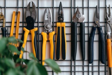 A collection of various hand tools neatly organized on a wall grid, showcasing their functionality and design