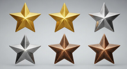 Obraz premium Stunning collection of professional gold silver and bronze achievement rating stars showcasing quality and excellence