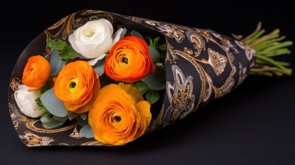 Vibrant bouquet of ranunculus and roses in ornate wrapping, showcasing floral beauty against a dark background