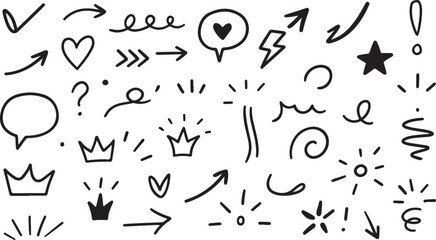 Hand Drawn Doodle Arrows and Shapes Set   Sketch Stars, Hearts, Circles Vector