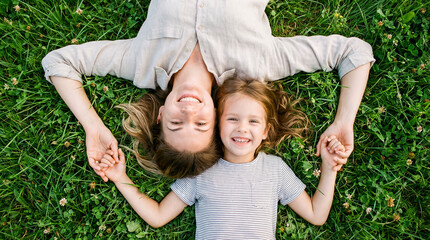 Mother and child lying grass top view copy space picnic park summer nature family relaxing mom kid looking up happy smiling green lawn outdoors vacation lifestyle leisure togetherness love concept