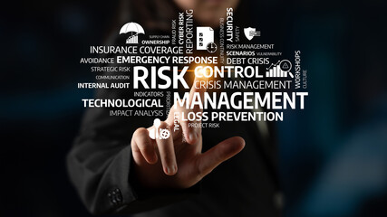 A business professional interacts with a digital display showcasing risk management concepts including control, assessment, and crisis handling techniques for effective decision-making. Tessel