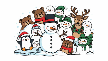 Festive Winter Gathering - Snowmen, Animals, and Holiday Cheer.