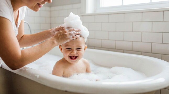 Mother washing baby bath foam copy space hygiene care family bathtub mom child bubbles playing water clean bathroom happiness routine washing hair parenting love tenderness close up portrait skin