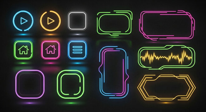 Stunning collection of vibrant neon futuristic HUD elements and glowing interface frames for modern digital design projects - Powered by Adobe