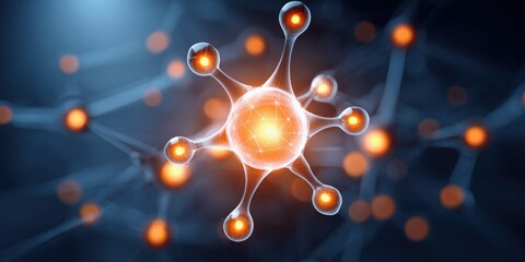 Brainstorming and collaboration concepts. A stylized representation of a molecular structure with glowing nodes, illustrating scientific concepts in a visually engaging manner.