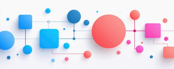 Brainstorming and collaboration concepts. Abstract design featuring geometric shapes in blue, pink, and red colors connected by lines on a white background.