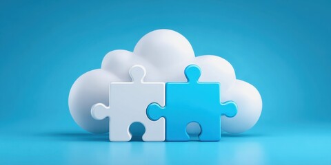 Brainstorming and collaboration concepts. Two puzzle pieces fitting together in front of a stylized cloud against a blue background, symbolizing connection and problem-solving.