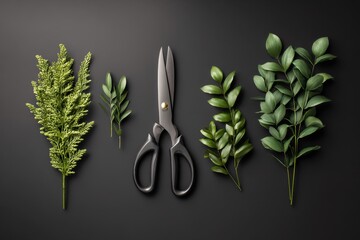 Scissors positioned among various green foliage on a dark surface, showcasing a creative arrangement