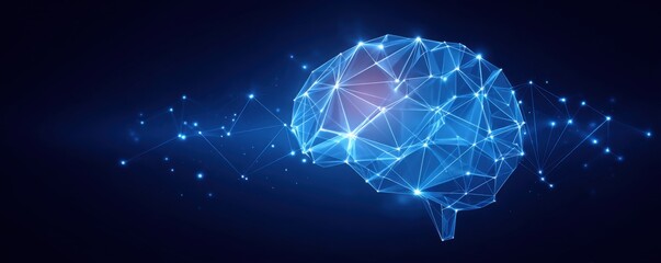 Brainstorming and collaboration concepts. A digital representation of a brain composed of geometric shapes and glowing lines, symbolizing intelligence and technology.