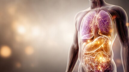 Realistic Human Body Illustration Showing Detox Organs Like Liver, Kidneys, and Lungs Highlighted in Glowing Effects Against a Neutral Background