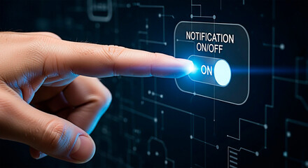 A finger activates the notification switch, for the concept of technology and digital communication.
