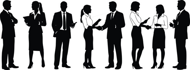 Business silhouette interaction poses, professional gesture art, corporate attire figure reference, workplace communication posture, networking illustration set