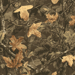 Realistic hunting camouflage seamless pattern design. Forest barks, stems, leaves camouflage background. Vector camouflage for hunting and military © amir