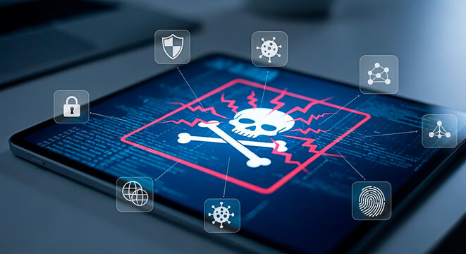 Cybersecurity concept illustration shows a tablet with a skull icon.