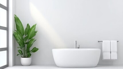 Elegant modern bathroom with a bright white bathtub and large windows welcoming soft sunlight