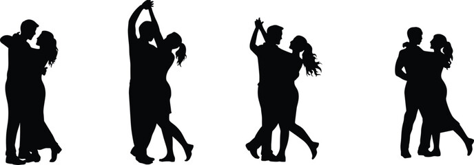 Dancing couple silhouette, ballroom pose, romantic movement, elegant gesture, black icon, dance partner, rhythm motion, vector style, graceful form