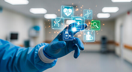 Healthcare technology of a doctor touching an icon, representing modern medical concept.