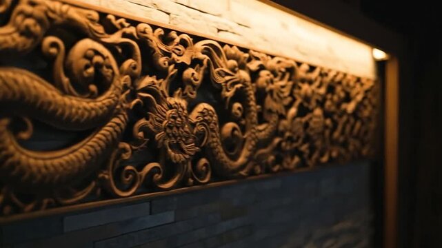 Intricate Dragon Wood Carving Detail Close Up.