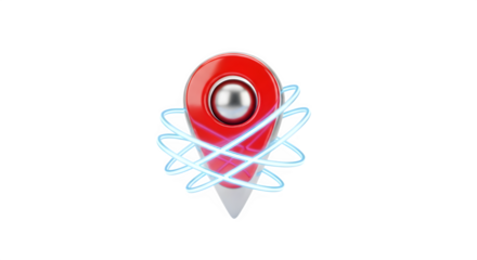 3d rendering of a red location pin icon with glowing blue orbit lines isolated on transparent background