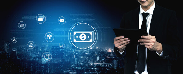 A fintech concept showing a network of digital banking services. This includes secure online...