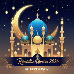 Ramadan Kareem 2026 Golden Crescent & Mosque Illustration