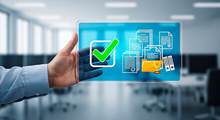 Hand holding a digital document approval on a tablet for the concept of technology.