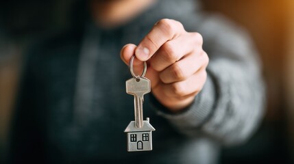 Man Holds Keys With a House-Shaped Key Chain, Celebrating Success in Real Estate Transaction at a Cozy Indoor Space