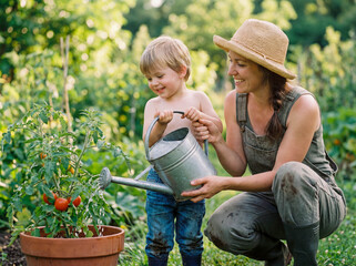 Mother and son gardening watering plant copy space outdoors nature green eco family hobby mom boy flower pot care environment spring summer growth lifestyle backyard happiness parenting education