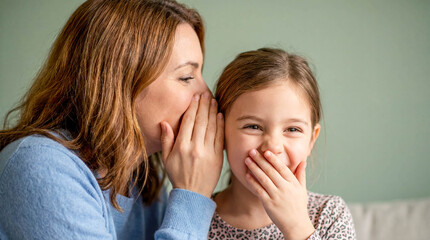 Mother whispering secret daughter ear copy space gossip family communication trust love mom girl sharing news surprise happy emotion close up portrait parenthood friendship fun listening telling