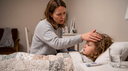 Mother checking temperature sick child copy space thermometer fever flu care family health bed mom daughter ill medicine sadness concern parenting support bedroom virus medical concept home treatment