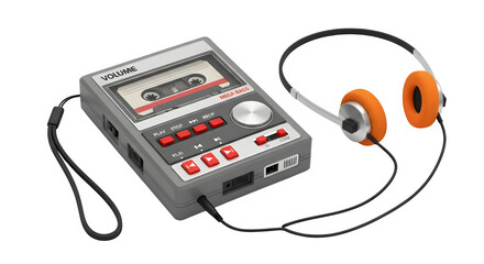 Vintage portable cassette tape recorder player with orange headphones isolated on transparent background