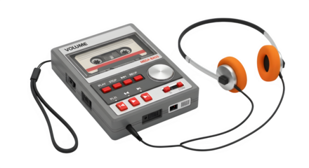 Vintage portable cassette tape recorder player with orange headphones isolated on transparent background