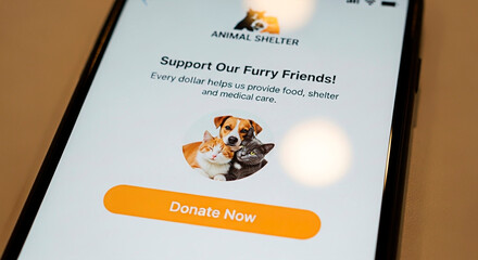 Smartphone with animal shelter App, supporting and providing medical care, and food for furry friends concept.