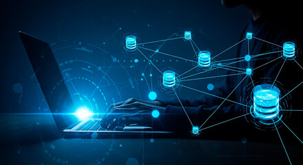 Man working on a computer and interacting with a technology network to illustrate digital and data concept.