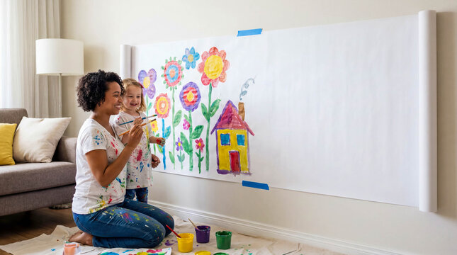 Mother and daughter painting wall copy space art renovation creative family fun mom girl brush drawing color home improvement interior design activity lifestyle happy teamwork messy paint teamwork