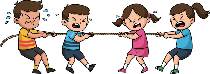 Kids tug-of-war competition, boys versus girls struggle for victory, vector cartoon illustration.