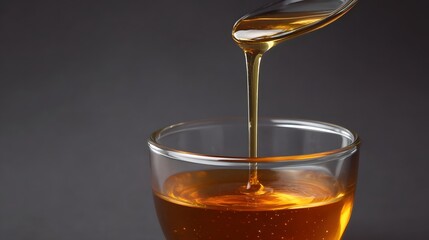 Golden honey slowly pours from a spoon into a clear glass bowl against a dark background highlighting its viscous texture and natural sheen