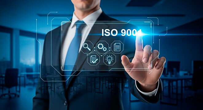Business person pointing to the ISO 9004 symbol for business standardization.