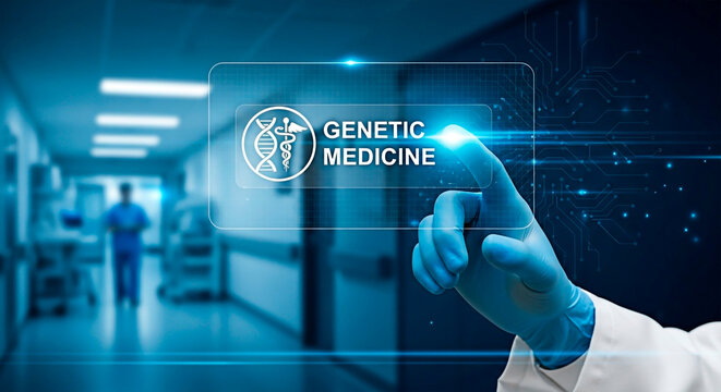 A doctor interacting with a digital interface for the concept of genetic medicine. - Powered by Adobe
