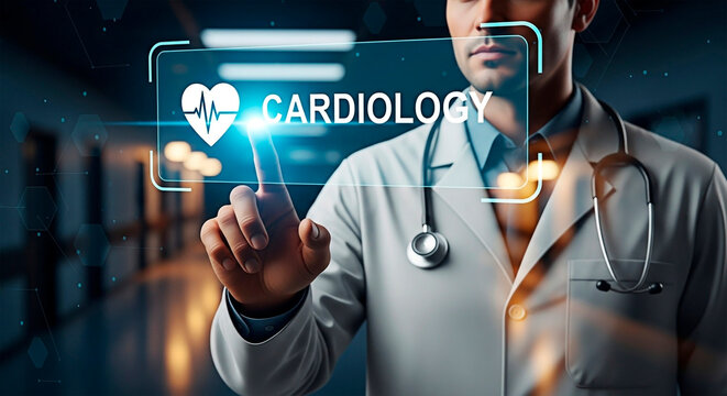 Doctor touching a cardiology hud for the concept of medical healthcare.