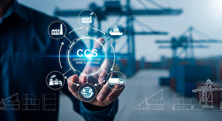A conceptual image about CCS representing carbon capture and storage in industrial application.